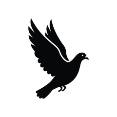 A black silhouette of a dove in flight with wings spread widely isolated on white background