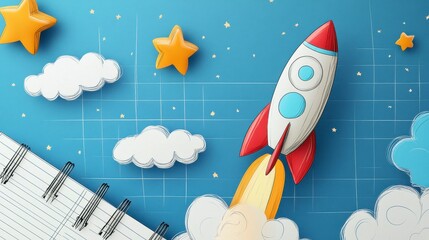 Colorful Rocket Launch with Clouds and Stars in Educational Concept