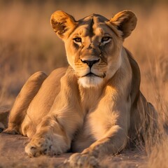 Obraz premium Majestic Lioness Resting in Golden Savannah Grass at Sunset