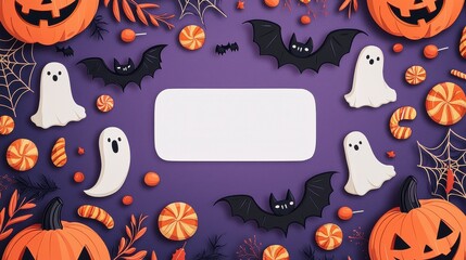 Fun Cartoon Halloween Greeting Card Template with Pumpkins and Ghosts
