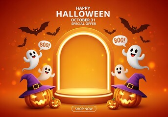 Happy halloween special offer with podium and ghosts