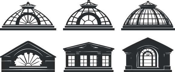 Collection of decorative architectural domes and window designs in black and white style.