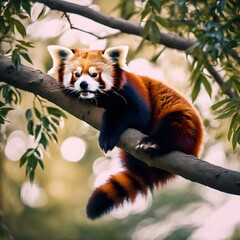 Adorable Red Panda Resting on a Branch in Nature