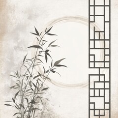 Elegant Asian Scroll with Geometric Patterns and Bamboo Elements