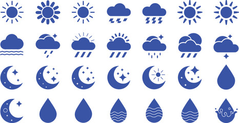 Weather condition icon set representing sun rain clouds and moon