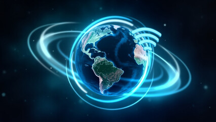 Obraz premium Global Connectivity: A captivating visual of the earth encircled by luminous blue rings, representing the digital connectivity of a global network.