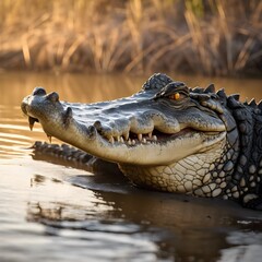 Fototapeta premium Golden Hour Gaze: A Powerful Crocodile Emerges from the Water
