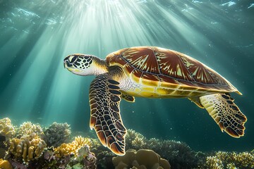 Obraz premium Majestic Sea Turtle Gracefully Swims Through Sunlit Coral Reef Ocean Wildlife Underwater Paradise Marine Conservation