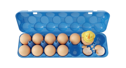 Isolated young chick in broken eggshell in blue egg carton, brown eggs next to it