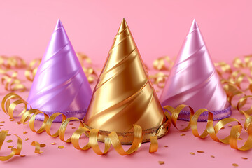 Colorful party hats and golden streamers arranged in a flat lay on a pink background, creating a festive atmosphere for celebrations