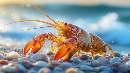 Lobster walking along the sea shore among colorful sea shells, showcasing vibrant claws and intricate textures in a serene coastal environment