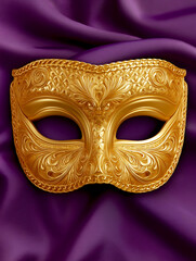 Golden carnival mask elegantly displayed on deep purple velvet background, showcasing intricate details and luxurious textures for festive occasions