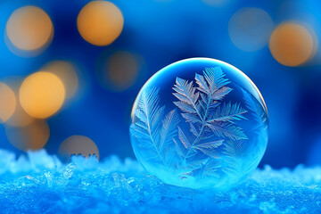 Intricate crystal patterns adorn a frozen soap bubble on an icy surface, capturing the essence of winter in stunning macro detail and vibrant colors