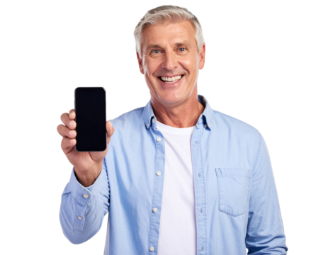  Excited Middle-Aged Man Holding Smartphone with Wide Smile, Front View, isolated transparent background PNG