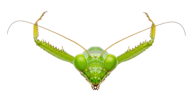 Isolated Mantis face close-up, predatory insect with bright green compound eyes and antennae