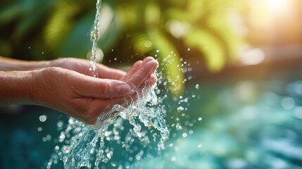 Fototapeta premium A person splashes water from their hands, surrounded by greenery, creating a serene and refreshing atmosphere by a pool.