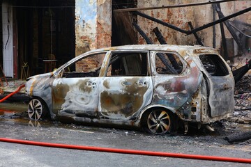 Parked car destroyed in fire in Kuching city, Sarawak, Malaysia.