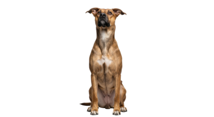 Isolated German Mastiff dog sitting up, looking upward with keen posture on plain backdrop