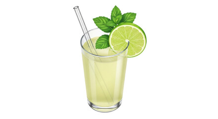 Isolated beverage in glass with straw, lime slice and mint, a healthy refreshment drink