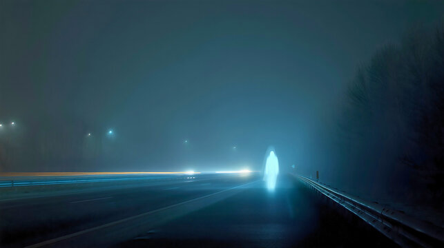 A long exposure photo of a ghost on the side of the road, a haunted highway scene with car light trails at night, a concept of the supernatural, spirits and the afterlife, a spooky and ethereal image.