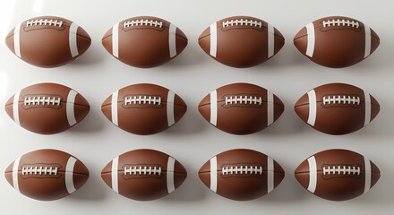 Fototapeta premium Multiple american footballs arranged in a grid pattern on a clean white surface
