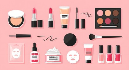 Stylized beauty cosmetic icon collection with makeup tools, skincare products, and feminine pink theme. Ideal for salons, spa branding, and fashion design.