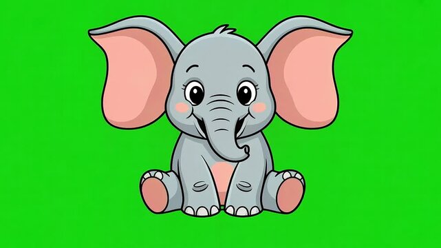 (The image I'm describing is an illustration of a small, cheerful elephant, possibly gray and pink, interacting with the Easter bunny and an Easter egg, drawn in a simple, friendly, vector cartoon sty