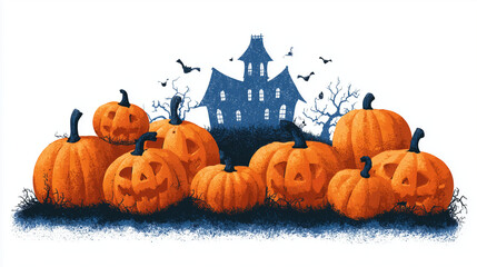 Halloween Pumpkins with Haunted House and Flying Bats Illustration