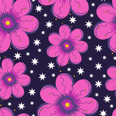 Seamless pink or violet flowers patter. Dark violet or blue background.