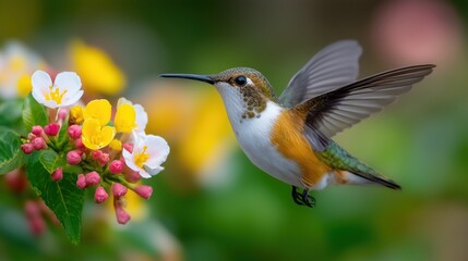 Fototapeta premium Hummingbird in motion feeding on flowers with blurred background. Concept of wildlife, pollination, biodiversity, nature, and environmental conservation
