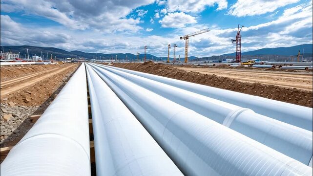 Industrial white pipes resting on wooden supports, positioned for upcoming pipeline construction project