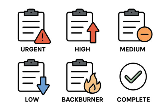 Priority task icons: urgent high medium low backburner complete