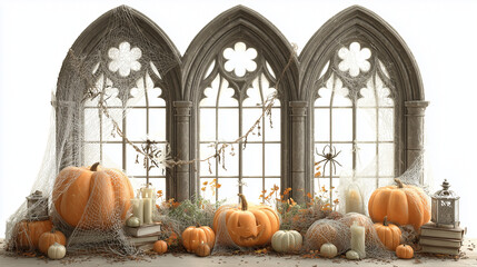 Halloween Pumpkins and Candles with Gothic Arched Windows and Cobwebs