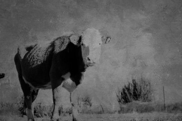 Hereford cow art with black and white vintage grunge texture background.