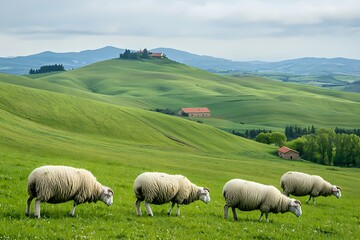 Obraz premium Serene Hillside Pasture Sheep Grazing on Rolling Green Hills Idyllic Rural Landscape Farm Animals Countryside Scenery