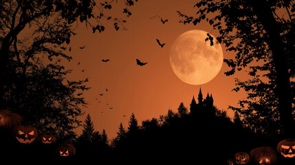 Haunted Castle with Full Moon, Flying Bats and Glowing Pumpkins on Halloween Night
