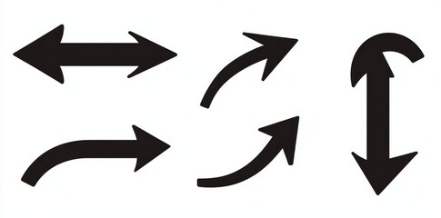 Modern arrows are isolated on a white background, featuring curved pointers that direct downwards or forwards and then return