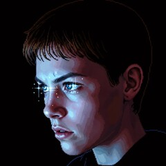 黒色の背景にいる青い瞳の若い男性の肖像画