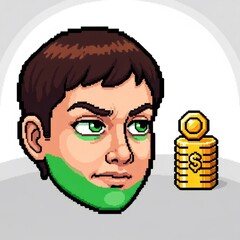 ピクセル化された男の頭部と金のコインのスタックのデジタルアート