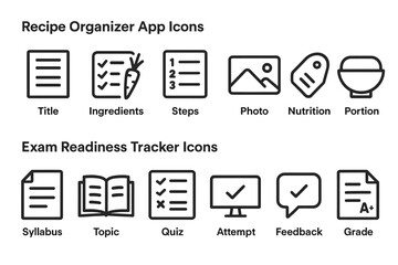 Recipe organizer and exam readiness tracker icon set