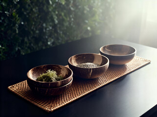 Rustic Coconut Bowls on Rattan Runner in Low Light