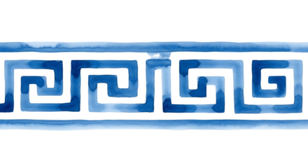 Illustration of blue watercolor greek key border pattern, isolated on transparent background