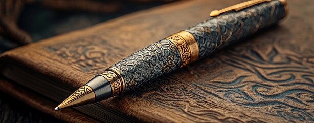 A beautifully crafted metal pen sits on a dark wooden surface, adorned with intricate carvings