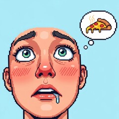 ピクセル アート女性がピザを夢見ている 水色背景