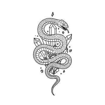 Tattoo Design Serpent Coiled Around Crystals with Black and White Illustration.