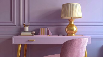 Elegant Pink Desk with Gold Accents and Bedside Lamp in Cozy Room