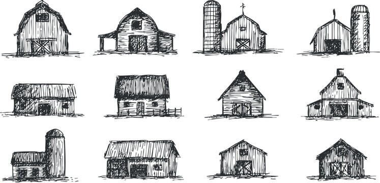 Collection of hand-drawn sketches of various rural barns and farm buildings in vintage style..