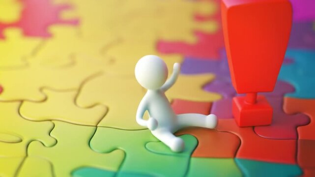 A small figure sitting on a colorful puzzle, reaching towards a large red object above, symbolizing problem-solving
