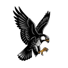 Vintage Tattoo Style Illustration of a Powerful Eagle with Open Wings on White Background.