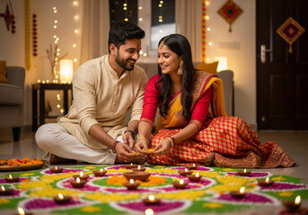 Fototapeta premium Indian Couple Celebrating Diwali Festival with Rangoli, Oil Lamps, and Festive Decorations